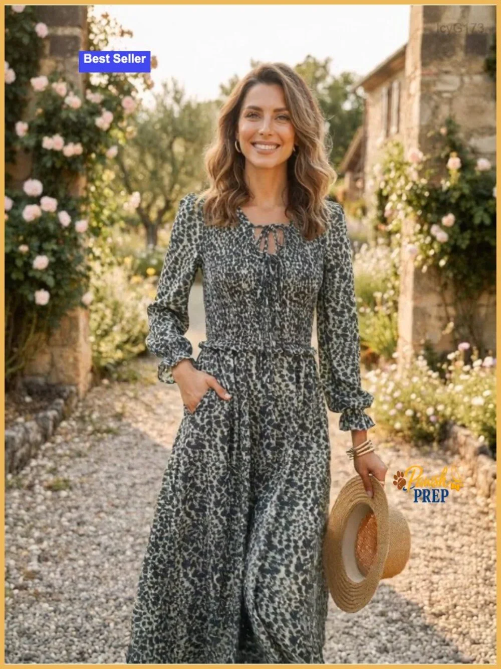 Long Sleeve Tie Neck A-Line Leopard Print Flowy Midi Dress with Pockets